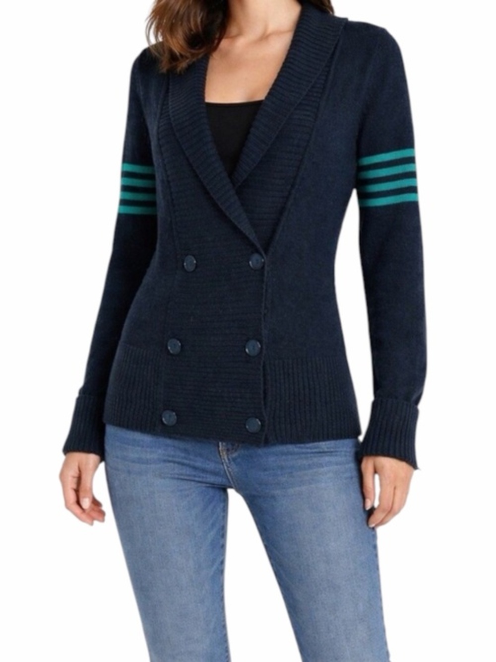 Patagonia Navy Double-Breasted Shawl Collar Sweater with Teal Stripe